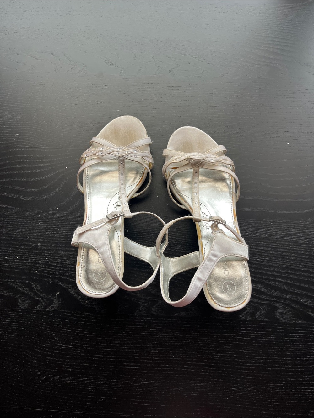 Cherokee Girls Size 3 White Satin Strappy Rhinestone Heeled Dress Sandals Shoes